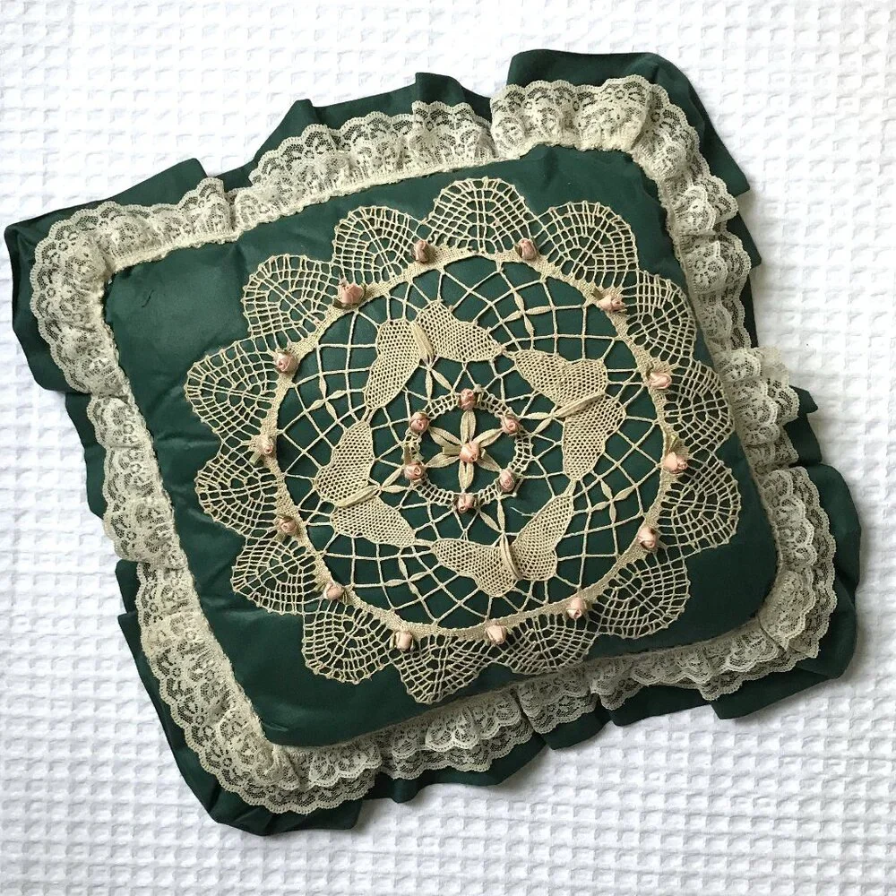 Vintage Lace Rosebud Accent Pillow Floral Green Pink Tan